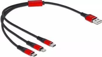 DeLock USB-Ladekabel 3-in-1 USB-A zu 2x USB-C + Lightning 30cm schwarz/rot (86708)