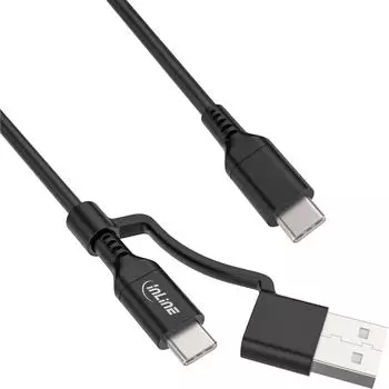 InLine 2-in-1 USB-C Kabel mit USB-A Adapter, 100W, USB 2.0, schwarz, 1m (31412A)