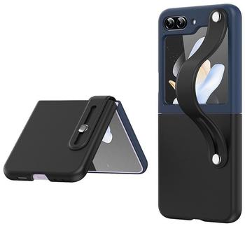 Wigento Für Samsung Galaxy Z Flip5 2-teilige Klappbare Hülle mit Handschlaufe Blau/Schwarz Schutz Cover Handy Tasche Robust Kunststoff Handy Case zweifarbig
