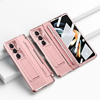 Wigento Für Samsung Galaxy Z Fold5 5G Integriertes Design Premium Scharnier Case mit Stand- Stifthalterung und inklusive Stift in der Farbe Rosa