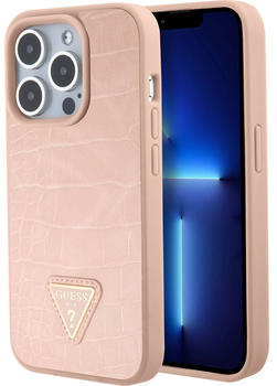 Guess Schutzhülle Croco Triangle Metal Logo für Apple iPhone 15 Pro Rosa