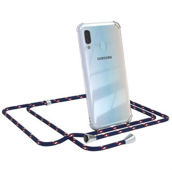 Eazy Case Hülle mit Kette für Samsung Galaxy A20e 5,8 Zoll, Slimcover Handykette Hülle Cross Bag für Smartphone Blau Camouflage, Blau Camouflage / Clips Silber