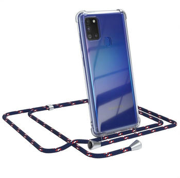 Eazy Case Hülle mit Kette für Samsung Galaxy A21s 6,5 Zoll, Slimcover Handykette Hülle Cross Bag für Smartphone Blau Camouflage, Blau Camouflage / Clips Silber