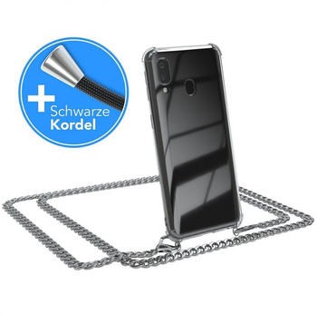Eazy Case 2in1 Metallkette für Samsung Galaxy A40 5,9 Zoll, Hülle mit Kette Metallkette Slimcover Handykette Umhängetasche Silber