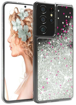 Eazy Case Liquid Glittery Case für Samsung Galaxy S21 Ultra 6,8 Zoll, Kratzfeste Silikonhülle stoßfestes Back Cover Phone Case Etui Silber