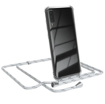 Eazy Case Hülle mit Kette für Samsung Galaxy A70 6,7 Zoll, Hülle Smartphonekette für Unterwegs Festivalhülle Transparent Weiß, Weiß / Clips Silber