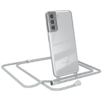 Eazy Case Hülle mit Kette für Samsung Galaxy S21 5G 6,2 Zoll, Umhängeband mit Backcover Etui Schutzhülle Hülle Case Hellgrau Weiß