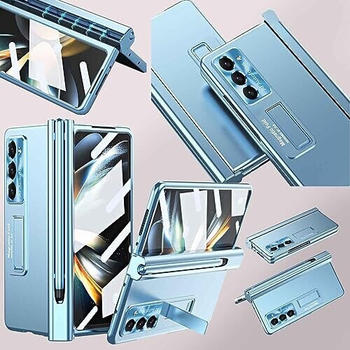 Wigento Für Samsung Galaxy Z Fold5 5G Magnetische Metall/Kunststoff/Glas Handy Tasche Hülle Etuis Blau + Stift