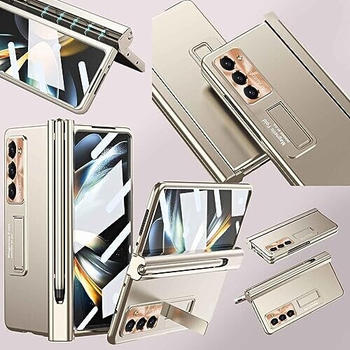 Wigento Für Samsung Galaxy Z Fold5 5G Magnetische Metall/Kunststoff/Glas Handy Tasche Hülle Etuis Gold + Stift
