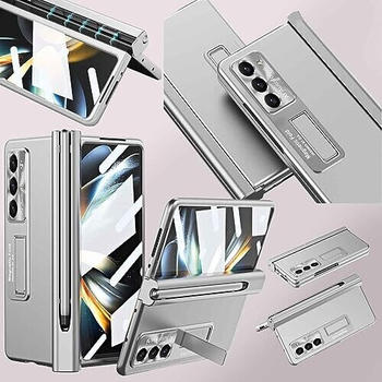 Wigento Für Samsung Galaxy Z Fold5 5G Magnetische Metall/Kunststoff/Glas Handy Tasche Hülle Etuis Silber + Stift