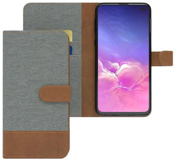 Eazy Case Bookstyle Jeans für Samsung Galaxy S10e 5,8 Zoll, Stoff Schutzhülle Kunstledercase mit Kartenfach Klappetui Hell Grau