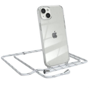 Eazy Case Hülle mit Kette für Apple iPhone 14 Plus 6,7 Zoll, Hülle Smartphonekette für Unterwegs Festivalhülle Transparent Weiß, Weiß / Clips Silber