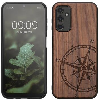 kwmobile Hülle kompatibel mit Samsung Galaxy A14 5G - Handyhülle Holz TPU Cover - Kompass Vintage Dunkelbraun