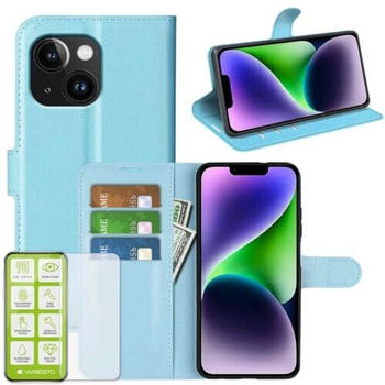 Wigento Für iPhone 15 Produktset Handy Tasche Wallet + H9 Hart Glas Schutz Hülle Case Cover Etuis Zubehör Hellblau