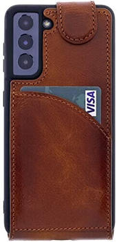 Burkley Leder Flip Case für Samsung Galaxy S21 Plus Handyhülle Handytasche mit 360° Schutz und Kartenfach (Sattelbraun)