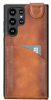 Burkley Leder Flip Case für Samsung Galaxy S22 Ultra Handyhülle Handytasche mit 360° Schutz und Kartenfach (Sattelbraun)