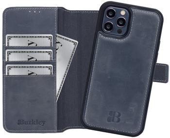 Burkley 2in1 Leder Handytasche für iPhone 14 Pro Handyhülle mit herausnehmbarem Back Cover, 360° Schutz (Stone Grey)