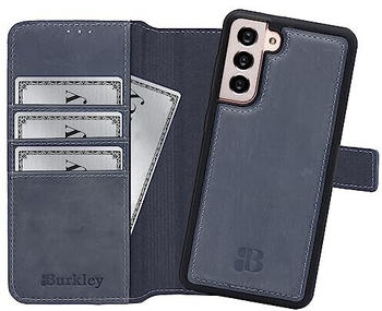 Burkley Leder Handyhülle für Samsung Galaxy S21 Leder Book Case Handytasche mit Magnetverschluss, 360° Schutz, Kick-Stand und Kartenfach (Stone Grey)