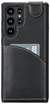 Burkley Leder Flip Case für Samsung Galaxy S22 Ultra Handyhülle Handytasche mit 360° Schutz und Kartenfach (Schwarz)