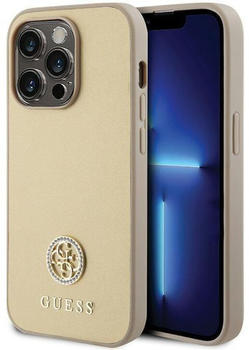 Guess PU 4G Strass Metal Logo Back Cover für iPhone 15 Pro Gold