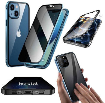 Wigento Handyhülle Für Apple iPhone 15 Plus 360 Privacy Magnet Glas Bumper Handy Hülle Blau