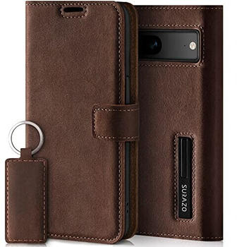 SURAZO Premium Handyhülle für Google Pixel 7A 5G Hülle Leder - Klappbare Echtleder Schutzhülle [mit Magnet, Kartenfach, RFID Schutz] Flip Klapphülle Wallet Case Cover Lederhülle (Nussbraun)