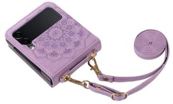 Wigento Für Samsung Galaxy Z Flip5 5G Handy Flip Hülle Tasche Mandala Style mit Umhänge Band Etuis Case Lila