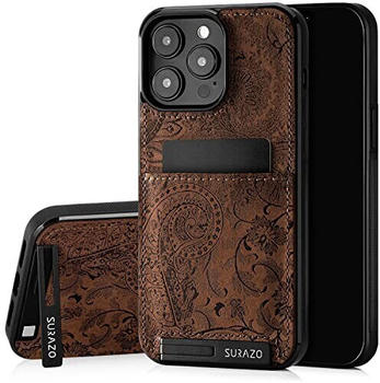 SURAZO Echtleder Back Case für Apple iPhone 15 Pro Hülle Floral Slim Bumper Schutzhülle (Ornament Braun)