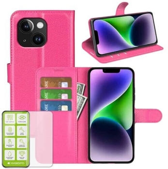 Wigento Für iPhone 15 Produktset Handy Tasche Wallet + H9 Hart Glas Schutz Hülle Case Cover Etuis Zubehör Pink