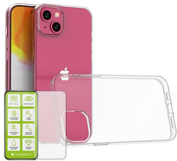 Wigento Handyhülle Für Apple iPhone 15 Plus Schutz Zubehör Handy Hülle H9 Glas TPU Hülle dünn Transparent + H9 Glas