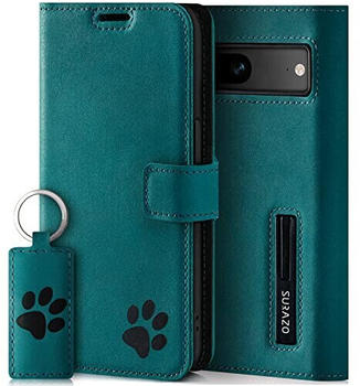 SURAZO Premium Handyhülle für Google Pixel 7A 5G 5G - Premium Echtleder Schutzhülle mit Pfote Motiv - RFID Klapphülle [mit Magnet, Standfunktion, Kartenfach] Cover Hülle Leder Case Lederhülle (Türkis)