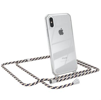 Eazy Case Hülle mit Kordel - iPhone X/XS, Transparente Handyhülle mit verstellbarem Kettenband zur Umhängeband, Handyhülle mit Kette, Ersatzgurt schmal in Taupe Camouflage mit Clip Silber