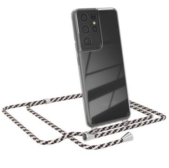 Eazy Case Hülle mit Kordel - Samsung Galaxy S21 Ultra, Transparente Handyhülle mit verstellbarem Kettenband zur Umhängeband, Handyhülle mit Kette, schmal in Taupe Camouflage mit Clip Silber