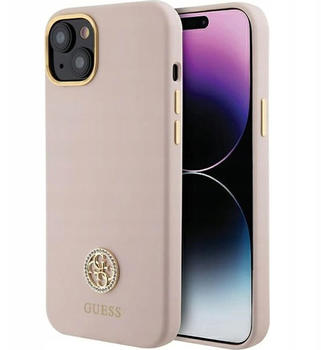 Guess Liquid Silicone 4G Strass Metal Logo Back Cover für iPhone 15 Pink