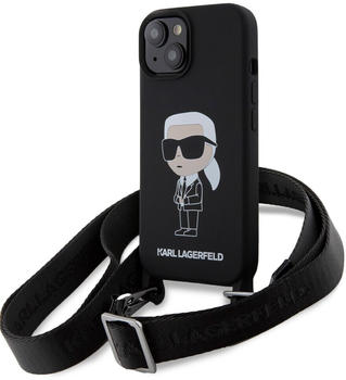 Karl Lagerfeld Liquid Silicone Crossbody Ikonik Back Cover für iPhone 15 Schwarz