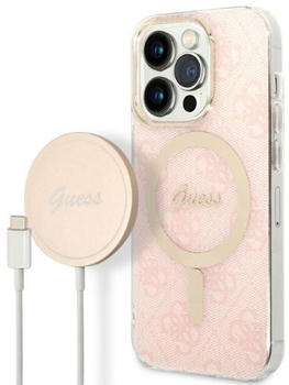 Guess Zestaw GUBPP14LH4EACSP Case+ Charger iPhone 14 Pro 6,1" różowy/pink hard case 4G Print MagSafe (iPhone 14), Smartphone Hülle, Rosa