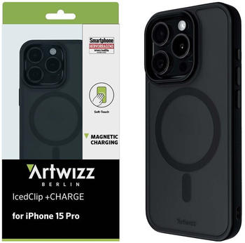 Artwizz IcedClip +CHARGE für iPhone 15 Pro - Stoßfeste Schutzhülle mit Ladefunktion, Transluzentem Design und Soft-Touch-Beschichtung - Schwarz