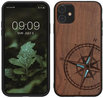 kwmobile Hülle kompatibel mit Apple iPhone 11 Hülle - Holz Case - Handy Cover - TPU Handyhülle in Dunkelbraun Vintage Kompass mit Perlmutt