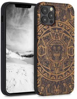 kwmobile Hülle kompatibel mit Apple iPhone 12 / iPhone 12 Pro Hülle - Holz Case - Handy Cover - TPU Handyhülle in Hellbraun Schwarz Maya Kalender Art
