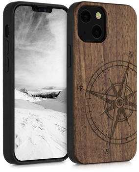 kwmobile Hülle kompatibel mit Apple iPhone 13 mini Hülle - Holz Case - Handy Cover - TPU Handyhülle in Dunkelbraun Kompass Vintage