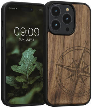 kwmobile Hülle kompatibel mit Apple iPhone 14 Pro Hülle - Holz Case - Handy Cover - TPU Handyhülle in Dunkelbraun Kompass Vintage