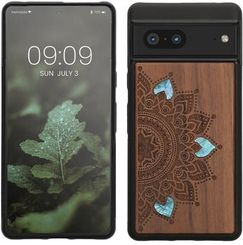 kwmobile Hülle kompatibel mit Google Pixel 7 Hülle - Holz Case - Handy Cover - TPU Handyhülle in Dunkelbraun Aufgehende Sonne Perlmutt