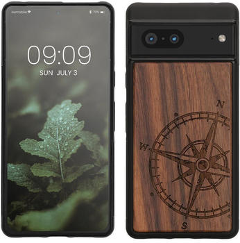kwmobile Hülle kompatibel mit Google Pixel 7 Hülle - Holz Case - Handy Cover - TPU Handyhülle in Dunkelbraun Kompass Vintage