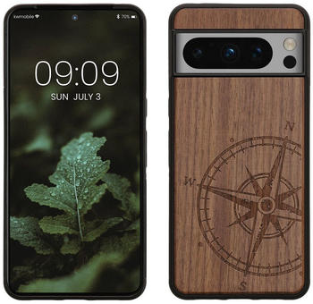 kwmobile Hülle kompatibel mit Google Pixel 8 Pro Hülle - Holz Case - Handy Cover - TPU Handyhülle in Dunkelbraun Kompass Vintage