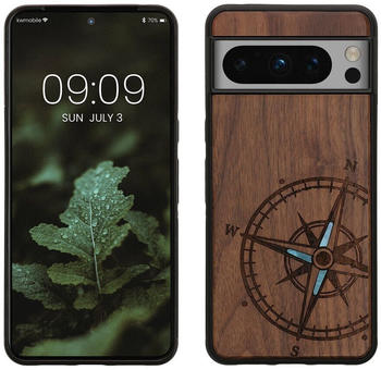 kwmobile Hülle kompatibel mit Google Pixel 8 Pro Hülle - Holz Case - Handy Cover - TPU Handyhülle in Dunkelbraun Vintage Kompass mit Perlmutt