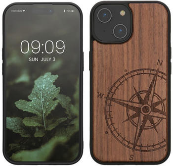 kwmobile Hülle kompatibel mit iPhone 15 Hülle - Holz Case - Handy Cover - TPU Handyhülle in Dunkelbraun Kompass Vintage