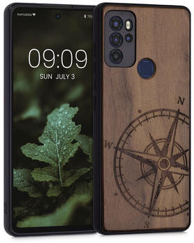 kwmobile Hülle kompatibel mit Motorola Moto G60S Hülle - Holz Case - Handy Cover - TPU Handyhülle in Dunkelbraun Kompass Vintage