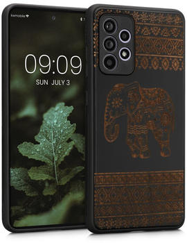 kwmobile Hülle kompatibel mit Samsung Galaxy A52 / A52 5G / A52s 5G Hülle - Holz Case - Handy Cover - TPU Handyhülle in Hellbraun Schwarz Holz Elefant mit Muster