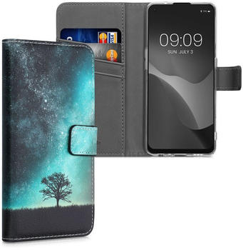 kwmobile Hülle kompatibel mit Oppo A94 (5G) - Kunstleder Wallet Case mit Kartenfächern Stand Galaxie Baum Wiese Blau Grau Schwarz