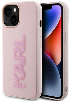 Karl Lagerfeld 3D Rubber Glitter Logo Karl Back Cover für iPhone 15 Rosa